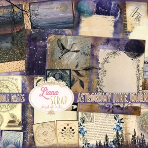 May include: A collage of astronomy-themed digital journal pages. The design features celestial elements, including constellations, planets, and vintage maps. The text "Astronomy Junk Journal Kit" and "16 Double Pages" are visible.