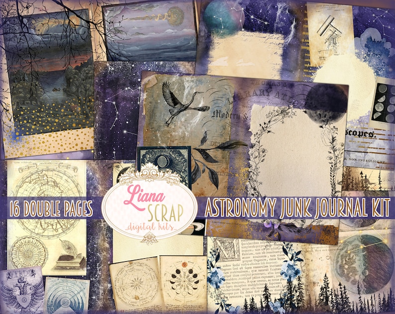 May include: A collage of astronomy-themed digital journal pages. The design features celestial elements, including constellations, planets, and vintage maps. The text "Astronomy Junk Journal Kit" and "16 Double Pages" are visible.