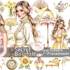 Secret Boudoir 75 Clipart-Bilder PNG, Vintage Porträts, Blumenillustrationen, digitales Papier, Planer-Aufkleber, transparente PNG, Mode