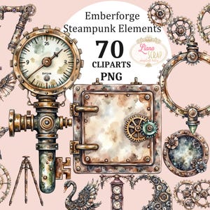 Steampunk Clipart Set – 70 akvarellelement, kugghjul, djur (PNG)