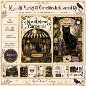 Op de afbeelding: Een Moonlit Market of Curiosities junk journal kit met 61 pagina's in JPG- en PDF-formaat. Het ontwerp bevat een zwarte kat, apothekersflessen, pompoenen en een marktkraam. De tekst luidt Moonlit Market of Curiosities, 27,9x21,6 cm.
