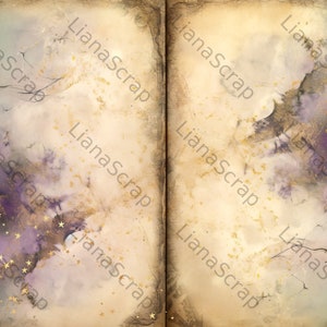 May include: A vintage-style, open book with a textured, aged paper background. The pages are decorated with a watercolor-like design of purple and gold, with gold stars scattered throughout.