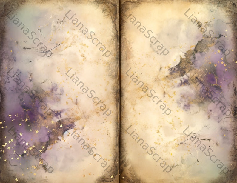 May include: A vintage-style, open book with a textured, aged paper background. The pages are decorated with a watercolor-like design of purple and gold, with gold stars scattered throughout.