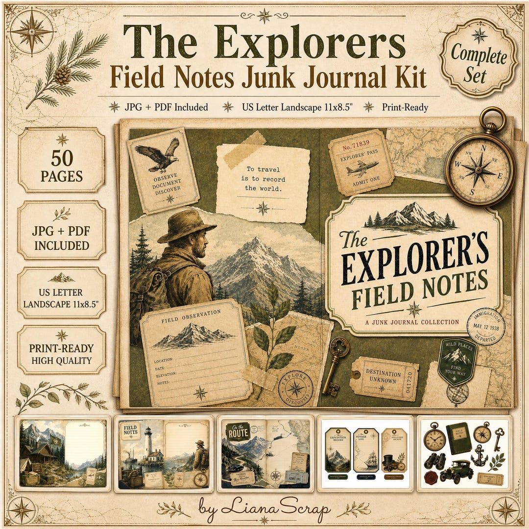Exploerers Notes Printable Junk Journal Kit the Explorers Field Notes, 50 Vintage ...