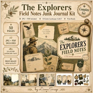 Op de afbeelding: De The Explorers Field Notes Junk Journal Kit bevat 50 printbare pagina's met vintage illustraties van bergen, ontdekkingsreizigers, kompassen en kaarten. De set bevat JPG- en PDF-bestanden in een liggend formaat van 27,9x21,6 cm.