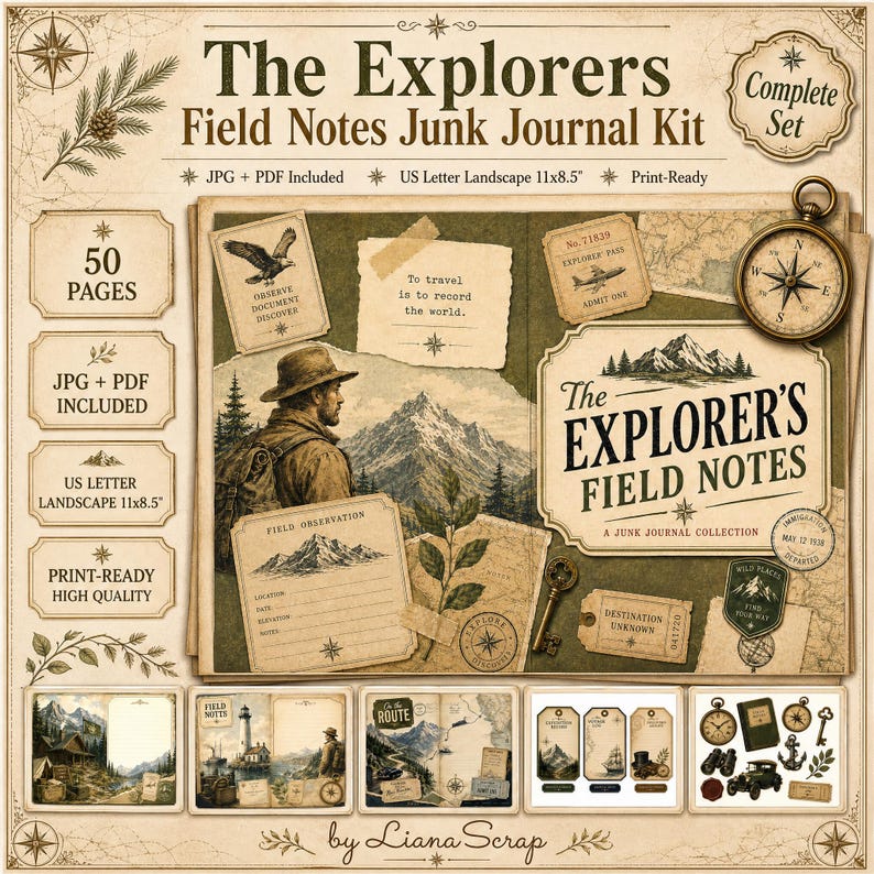 An overview of a vintage adventure-themed junk journal kit featuring mountain landscapes, an explorer, old maps, a compass, and various ephemera like tags, labels, and field note pages in sepia and earthy tones.