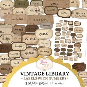 May include: A collection of vintage library labels with various text and numbers. The labels are in shades of brown and beige, with a distressed, aged appearance. The image includes the text "VINTAGE LIBRARY - LABELS WITH NUMBERS - 3 pages - jpg and PDF included!"
