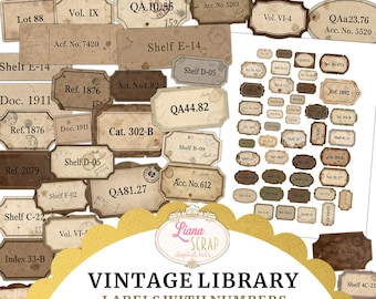 May include: A collection of vintage library labels with various text and numbers. The labels are in shades of brown and beige, with a distressed, aged appearance. The image includes the text "VINTAGE LIBRARY - LABELS WITH NUMBERS - 3 pages - jpg and PDF included!"