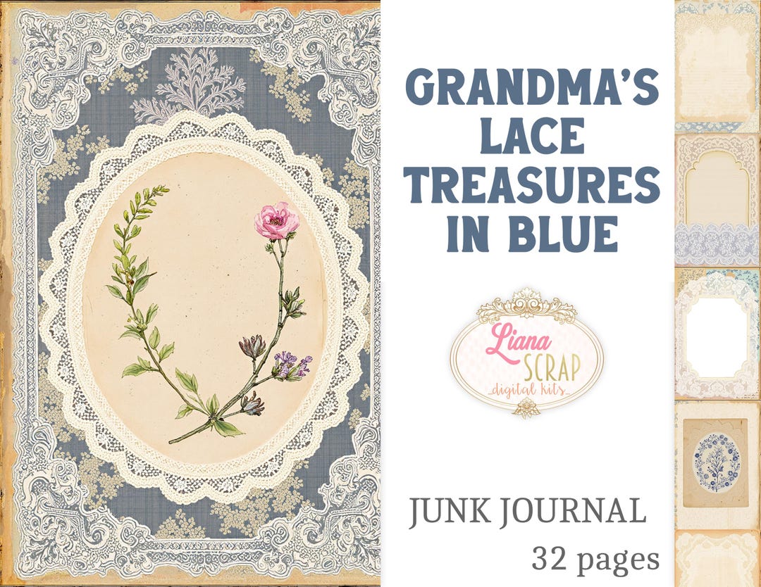 Vintage Lace Junk Journal Kit – 32 Page Blue Floral Ephemera (digital ...