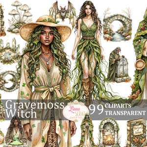 Bundle de cliparts Gravemoss sorcière 99 - Witchcore art numérique, PNG mystique, illustrations de la forêt, autocollants Fantasy Planner, Cottagecore