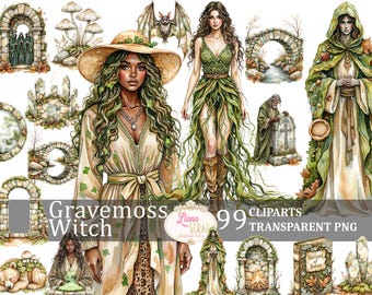 May include: Watercolor clipart set featuring a variety of fantasy elements. Includes illustrations of a woman in a hat, a woman in a green dress, a hooded figure, a bat, mushrooms, and stone arches. The text "Gravemoss Witch" and "99 Cliparts Transparent PNG" are also visible.