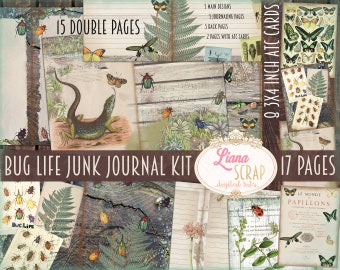 May include: A digital junk journal kit with a bug theme. The kit includes 17 pages with 15 double pages, 5 main designs, 5 journaling pages, 5 back pages, 2 pages with ATC cards, and 8 3x4 inch ATC cards. The kit features a variety of images, including bugs, butterflies, flowers, and leaves. The kit is perfect for scrapbooking, card making, and other paper crafts.