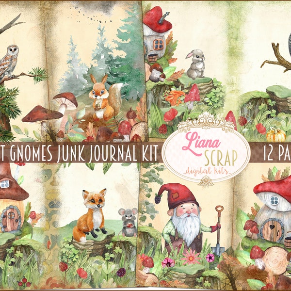 Wald Zwerge Junk Journal Digital Kit zum Ausdrucken, Zwerge und Waldland Collage Sheets, Waldland Junk Journal, Junk Journal Papier