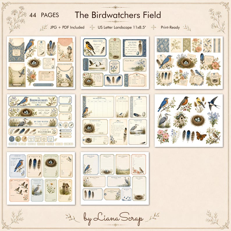 Printable Junk Journal Kit the Birdwatchers Field, 44 Pages of Vintage ...