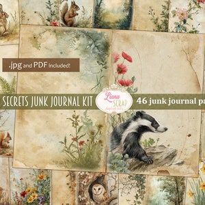 Kit digitale stampabile del diario della spazzatura dei segreti della foresta, foglio di collage stampabile del bosco, carta del diario della spazzatura della natura, flora e fauna