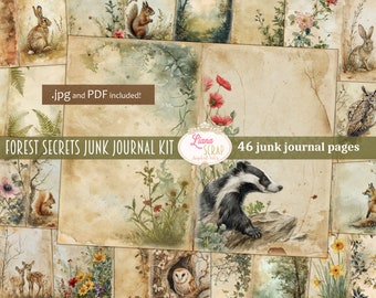 Forest Secrets Junk Journal Digital Kit Printable, Woodland Printable Collage Sheet, Nature Junk Journal Paper, Flora and Fauna