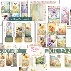 Kit ADDON del diario della spazzatura digitale della fauna del prato, collage stampabile di fiori selvatici e animali, kit digitale, diario della spazzatura digitale effimera