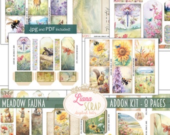 Kit adicional para diario basura Meadow Fauna, efímeras florales y animales (descarga digital)