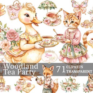 Woodland Tea Party 71 Digitales Clipart-Set - süße Tiere, Blumen-Teeparty PNG, transparenter Hintergrund