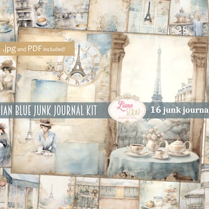 Kit de diario basura digital azul parisino, collage vintage imprimible, kit digital de té en París, diario basura digital de tema francés vintage