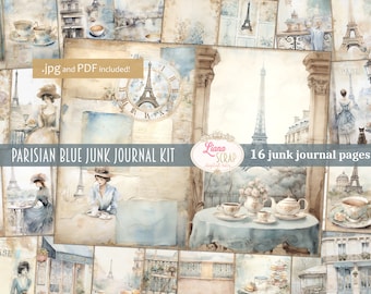 May include: A digital junk journal kit with 16 pages featuring Parisian themed images. The pages include images of the Eiffel Tower, Parisian streets, and women in vintage clothing. The kit is available in JPG and PDF formats.