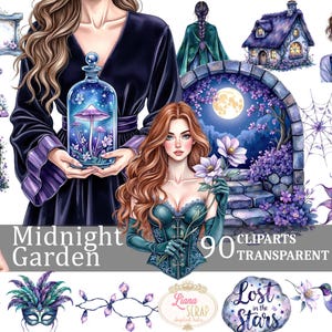 Ensemble de 90 cliparts jardin de minuit, aquarelles florales, portraits fantastiques, PNG transparents, autocollants pour agenda numérique, scrapbooking, gothique