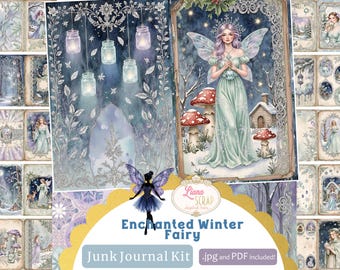 Kit de diario de hadas de invierno encantado, 40 páginas, cuento de hadas mágico, papel digital de bosque