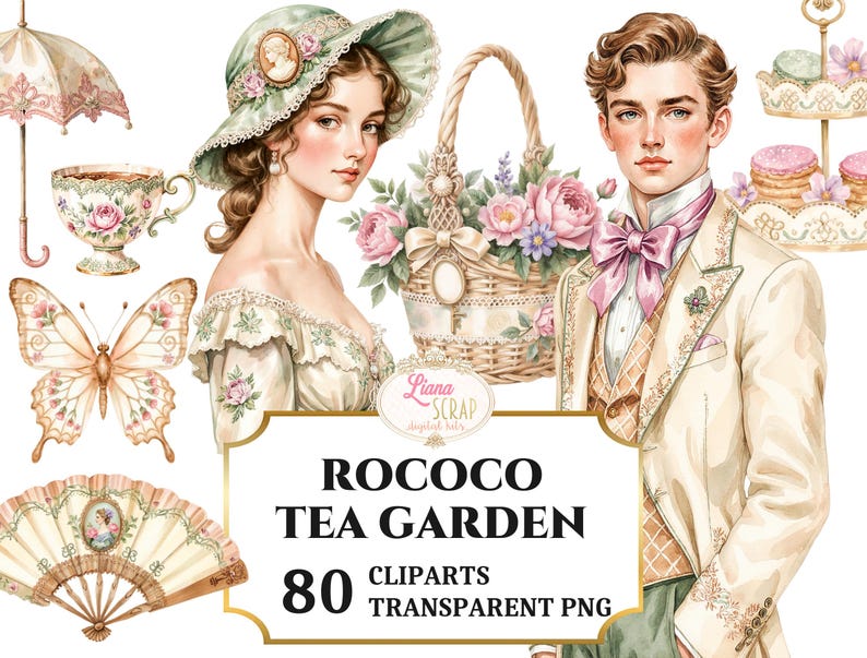 Rococo Tea Rococo Tea Garden - 80 Clipart Images, Vintage Floral Design, Digital ...