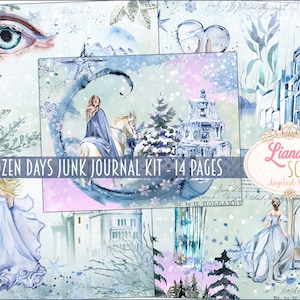 May include: A digital junk journal kit with 14 pages featuring a winter theme. The kit includes images of a castle, a woman riding a horse, a frozen fountain, and a blue eye. The text "FROZEN DAYS JUNK JOURNAL KIT - 14 PAGES" is visible in the image.
