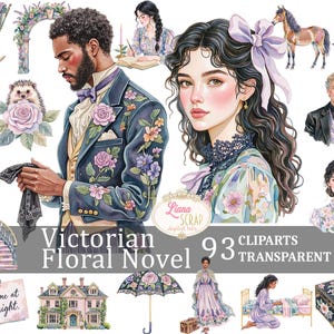 Set di clipart digitali PNG trasparenti con romanzi floreali vittoriani, grafica vittoriana, design estetico per scrapbooking, adesivi per planner
