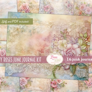 Dusty Roses Digital Junk Journal Hintergrund, Vintage Spitze und Applikation Collage druckbar, Digital Kit, Junk Journal, antikes Papier