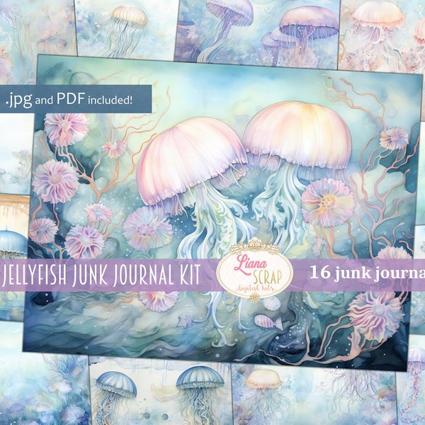 Blue Jellyfish Background, Digital Junk Journal, Underwater Collage Printable, Ocean Journal Paper, jellyfish background