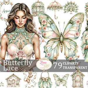 Set di 79 clipart di pizzo a farfalla - PNG floreali vintage, carta digitale, elementi di scrapbooking, sfondo trasparente, planner digitale, romantico