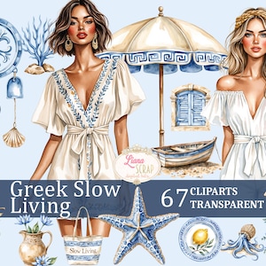 Ensemble de clipart grec Slow Living - 67 images aquarelles - Sticker agenda numérique, motifs bleu et blanc, esthétique côtière, plage de la Méditerranée