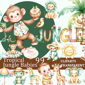 Tropical Jungle Babies 99 Clipart Set - Watercolor Animals, Digital Planners, Stickers, Baby Shower, PNG Images, Kids Party, Nursery