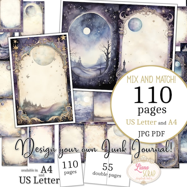 Junk Journal - Empty Journal Starry Night - US Letter and A4 size, Mix and Match, Moonlight Empty Digital Junk Journal Paper PDF and JPG