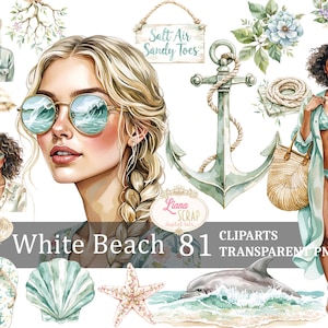 Set di 81 clipart digitali di White Beach, PNG di spiaggia, illustrazioni estive, grafica costiera, clipart trasparenti, adesivi per planner