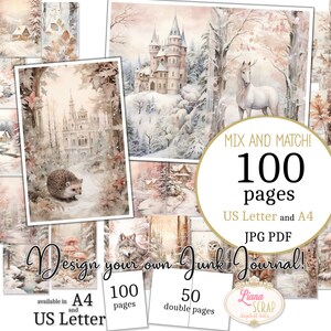 Junk Journal - Golden Snow - Tamaño carta de EE. UU. y A4, páginas para mezclar y combinar, papel digital Winter Magical World en PDF y JPG imprimibles