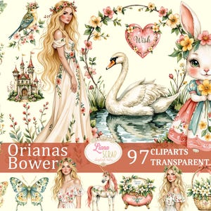Orianas Bower 97 Set di Clipart floreali acquerellati / Grafica di principesse da favola, Adesivi per planner digitali, Immagini PNG trasparenti, Coniglio