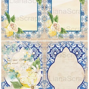 May include: A digital collage kit featuring a Mediterranean theme with lemons, flowers, and blue and white tile patterns. The kit includes various digital papers, frames, and embellishments for scrapbooking and junk journaling.