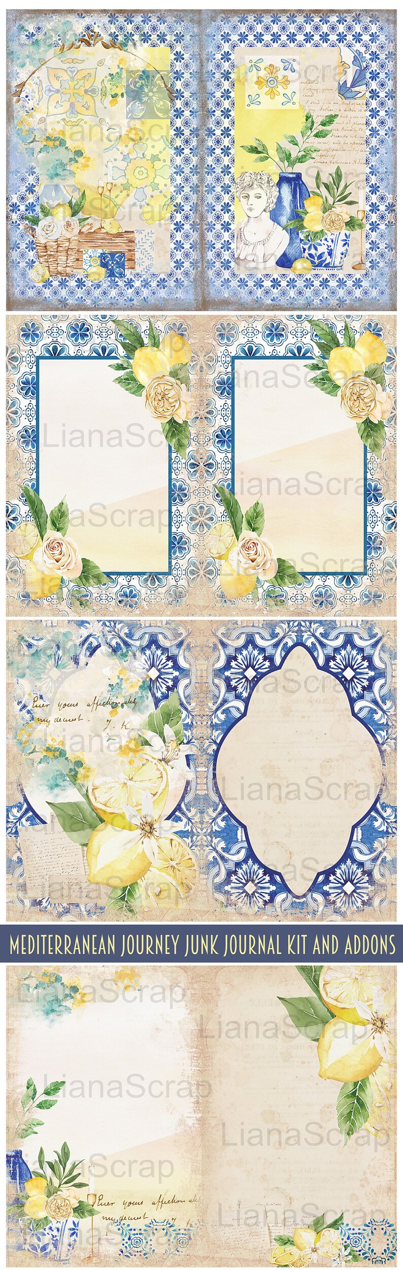 May include: A digital collage kit featuring a Mediterranean theme with lemons, flowers, and blue and white tile patterns. The kit includes various digital papers, frames, and embellishments for scrapbooking and junk journaling.