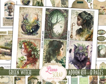 May include: Green Witch digital scrapbooking kit with 8 pages of printable elements. The kit features illustrations of a witch, a cat, a cauldron, a forest, and a tree. The kit is perfect for creating digital scrapbook pages, cards, and other crafts.