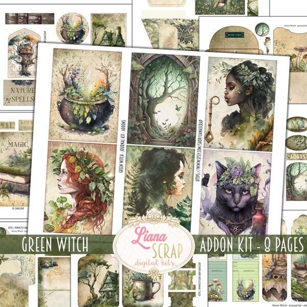 Green Witch Junk Journal ADDON Kit, Spell Book Witch Collage Printables, Fantasy Ephemera, Witches and Nature Junk Journal Ephemera