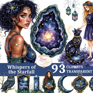 May include: Digital clipart set with celestial and mystical illustrations. Includes a woman, a black cat, a geode, and other elements with a starry night theme. The text "Whispers of the Starfall" and "93 Cliparts Transparent PNG" are also visible.