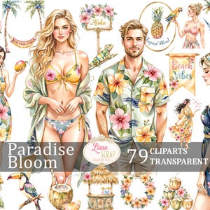 Paradise Bloom 79 Images Clipart Motifs d'été tropical PNG pour agenda numérique Stickers Scrapbooking Invitations Beach Party Decor Mode