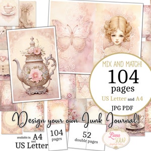 Junk Journal - Sweet Reverie - US Letter en A4-formaat, Mix en Match Pagina's, Zachtroze Vintage Achtergronden Digitaal Papier PDF en JPG