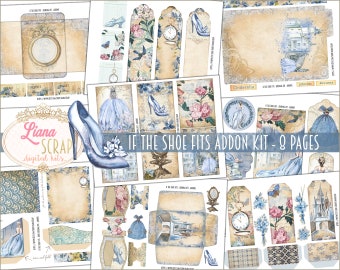 May include: A digital scrapbooking kit with a Cinderella theme. The kit includes images of a glass slipper, a castle, a clock, flowers, and a princess in a blue gown. The text "IF THE SHOE FITS ADDON KIT - 8 PAGES" is printed on the image.