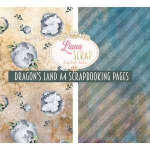 Puede incluir: Dos p&aacute;ginas de scrapbooking digitales con un dise&ntilde;o de acuarela. La primera p&aacute;gina tiene un fondo marr&oacute;n claro con un patr&oacute;n repetitivo de lunas, hojas y globos grises. La segunda p&aacute;gina tiene un fondo azul con rayas blancas diagonales. El texto "Dragon's Land A4 Scrapbooking Pages" est&aacute; impreso en la imagen.
