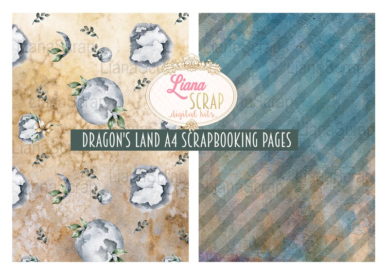 Puede incluir: Dos p&aacute;ginas de scrapbooking digitales con un dise&ntilde;o de acuarela. La primera p&aacute;gina tiene un fondo marr&oacute;n claro con un patr&oacute;n repetitivo de lunas, hojas y globos grises. La segunda p&aacute;gina tiene un fondo azul con rayas blancas diagonales. El texto "Dragon's Land A4 Scrapbooking Pages" est&aacute; impreso en la imagen.
