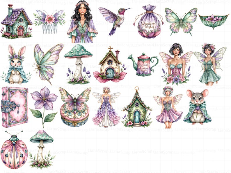 Watercolor Fairies Clipart Set – 85 PNG Floral Fantasy Graphics ...